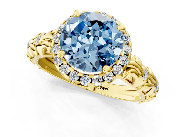 Yellow gold Fancy Blue Round Cut Halo Diamond Solitaire with Filigree Band and Four-Prong Setting