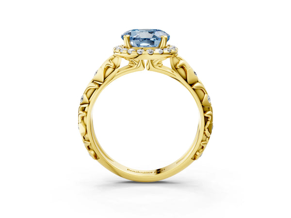 Yellow gold Fancy Blue Round Cut Halo Diamond Solitaire with Filigree Band and Four-Prong Setting
