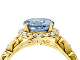 Yellow gold Fancy Blue Round Cut Halo Diamond Solitaire with Filigree Band and Four-Prong Setting_4