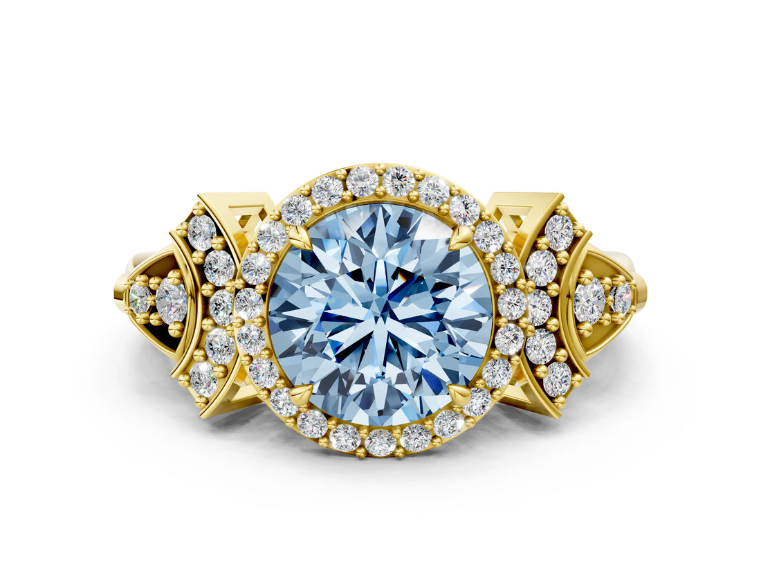 Yellow gold Fancy Blue Round Cut Halo Diamond Split Shank Engagement Ring with Four-Prong Setting