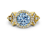 Yellow gold Fancy Blue Round Cut Halo Diamond Split Shank Engagement Ring with Four-Prong Setting