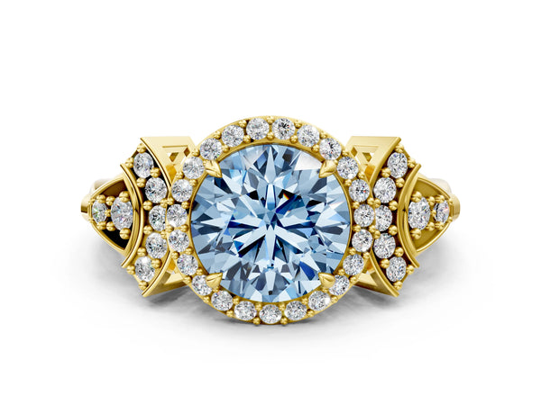 Yellow gold Fancy Blue Round Cut Halo Diamond Split Shank Engagement Ring with Four-Prong Setting