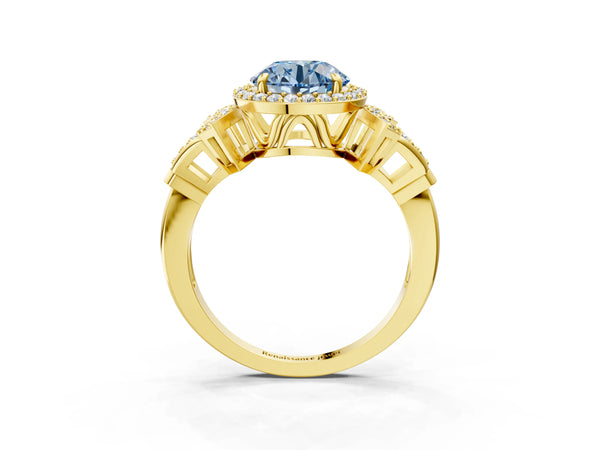 Yellow gold Fancy Blue Round Cut Halo Diamond Split Shank Engagement Ring with Four-Prong Setting
