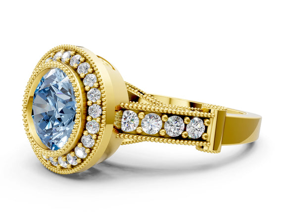 Yellow gold Fancy Blue Round Cut Halo Diamond Split Shank Pave Ring