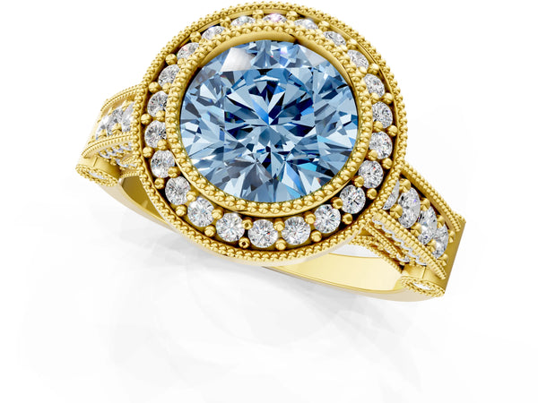 Yellow gold Fancy Blue Round Cut Halo Diamond Split Shank Pave Ring