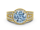 Yellow gold Fancy Blue Round Cut Halo Diamond Split Shank Ring with Prong Setting