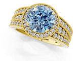 Yellow gold Fancy Blue Round Cut Halo Diamond Split Shank Ring with Prong Setting_1
