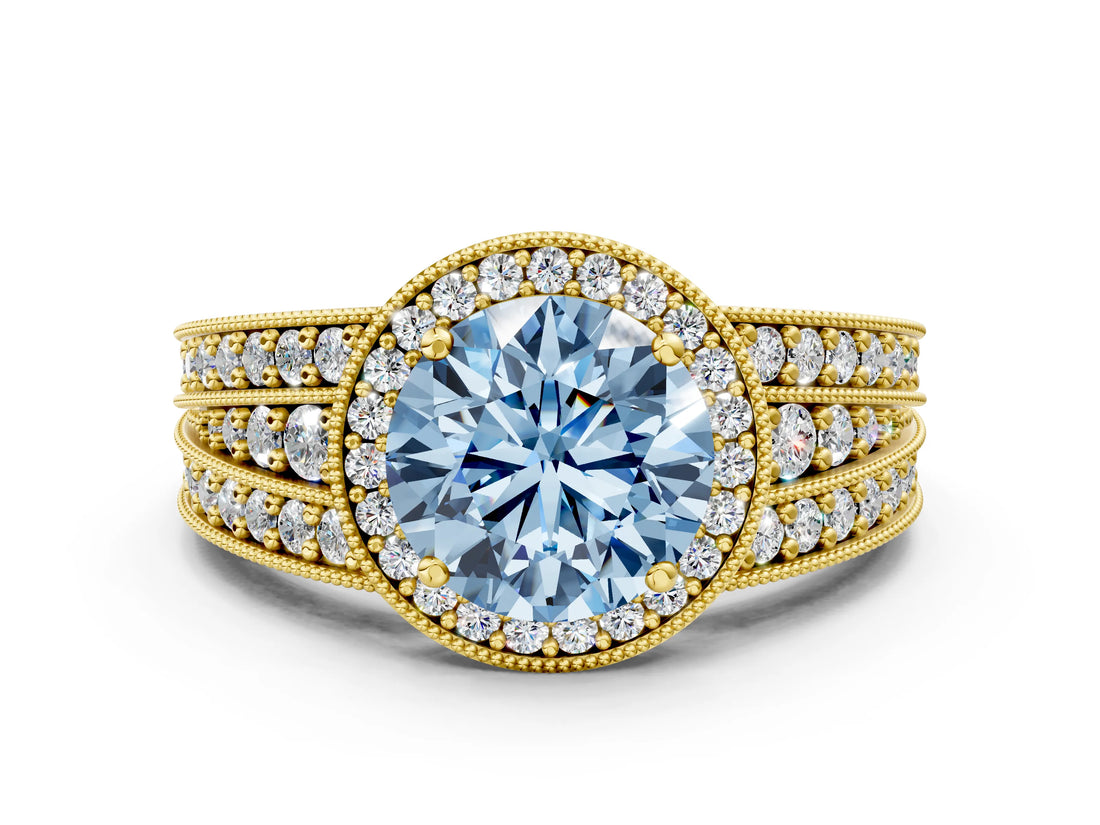 Yellow gold Fancy Blue Round Cut Halo Diamond Split Shank Ring with Prong Setting_6