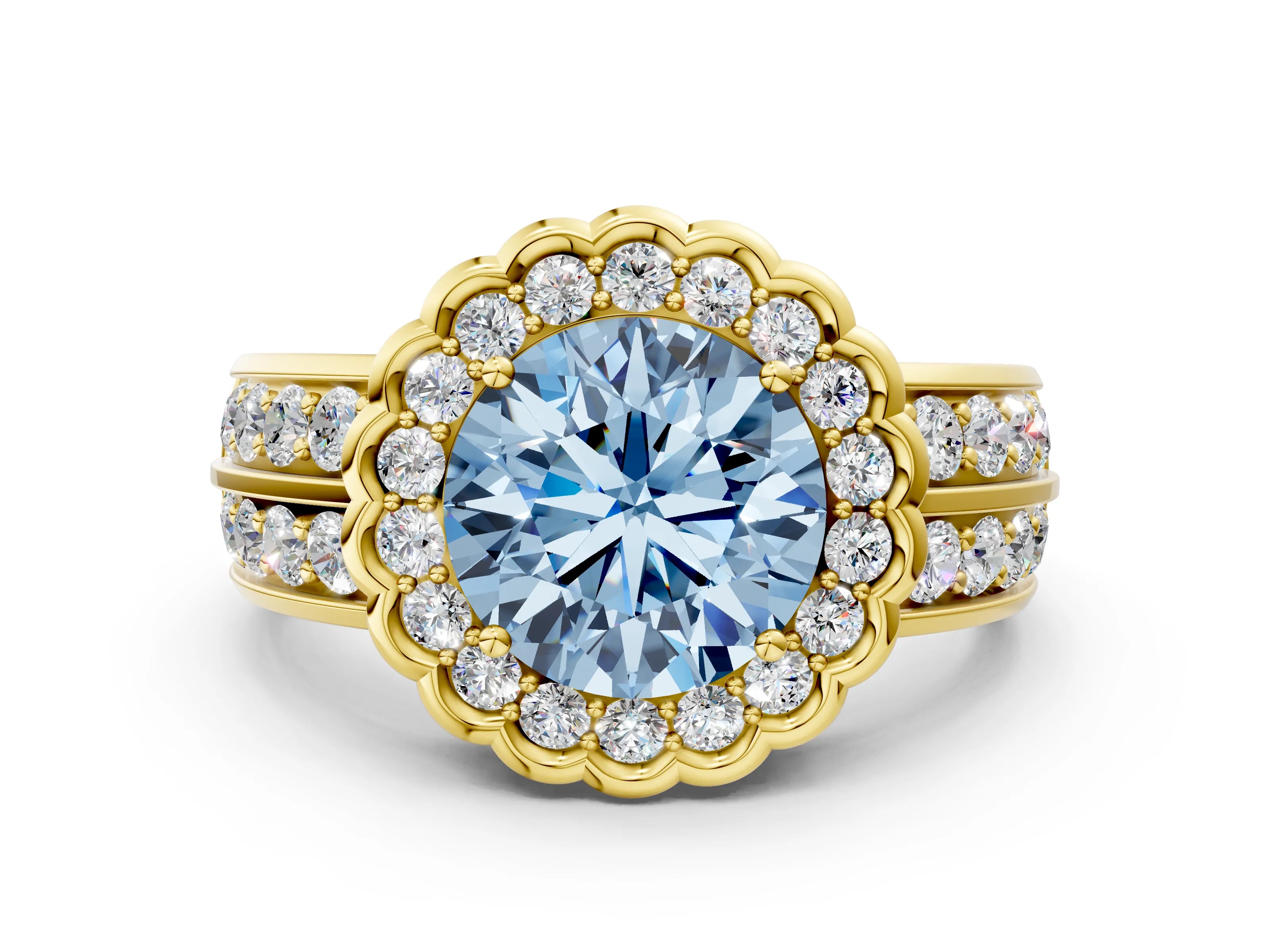 Yellow gold Fancy Blue Round Cut Halo Diamond Split Shank Ring with Scalloped Prong Setting