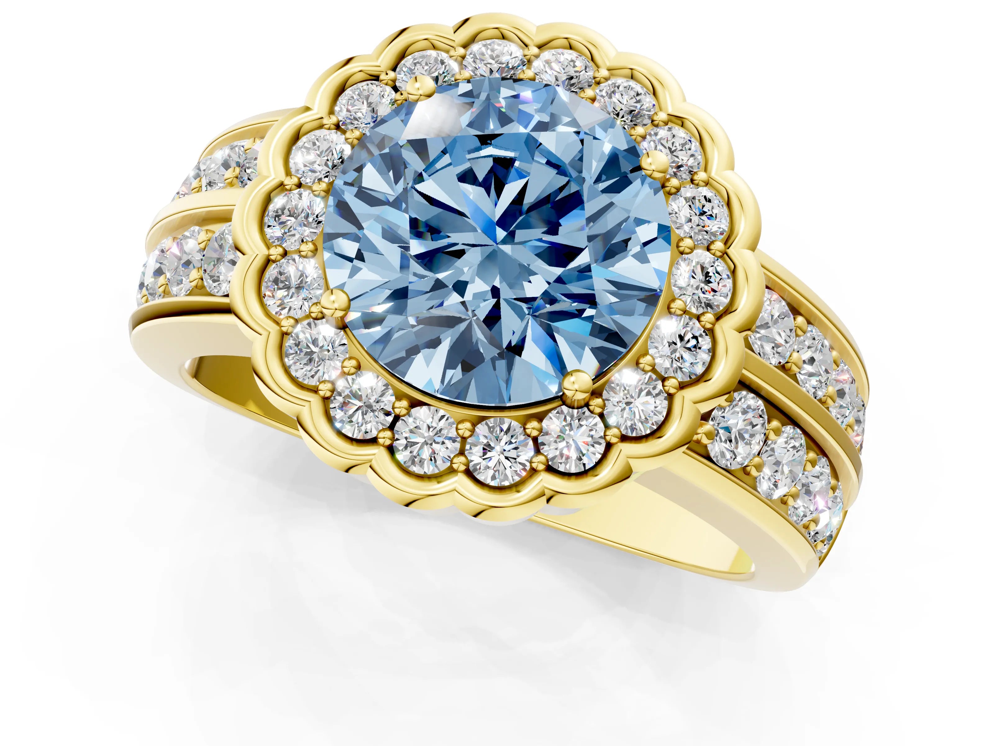 Yellow gold Fancy Blue Round Cut Halo Diamond Split Shank Ring with Scalloped Prong Setting_1