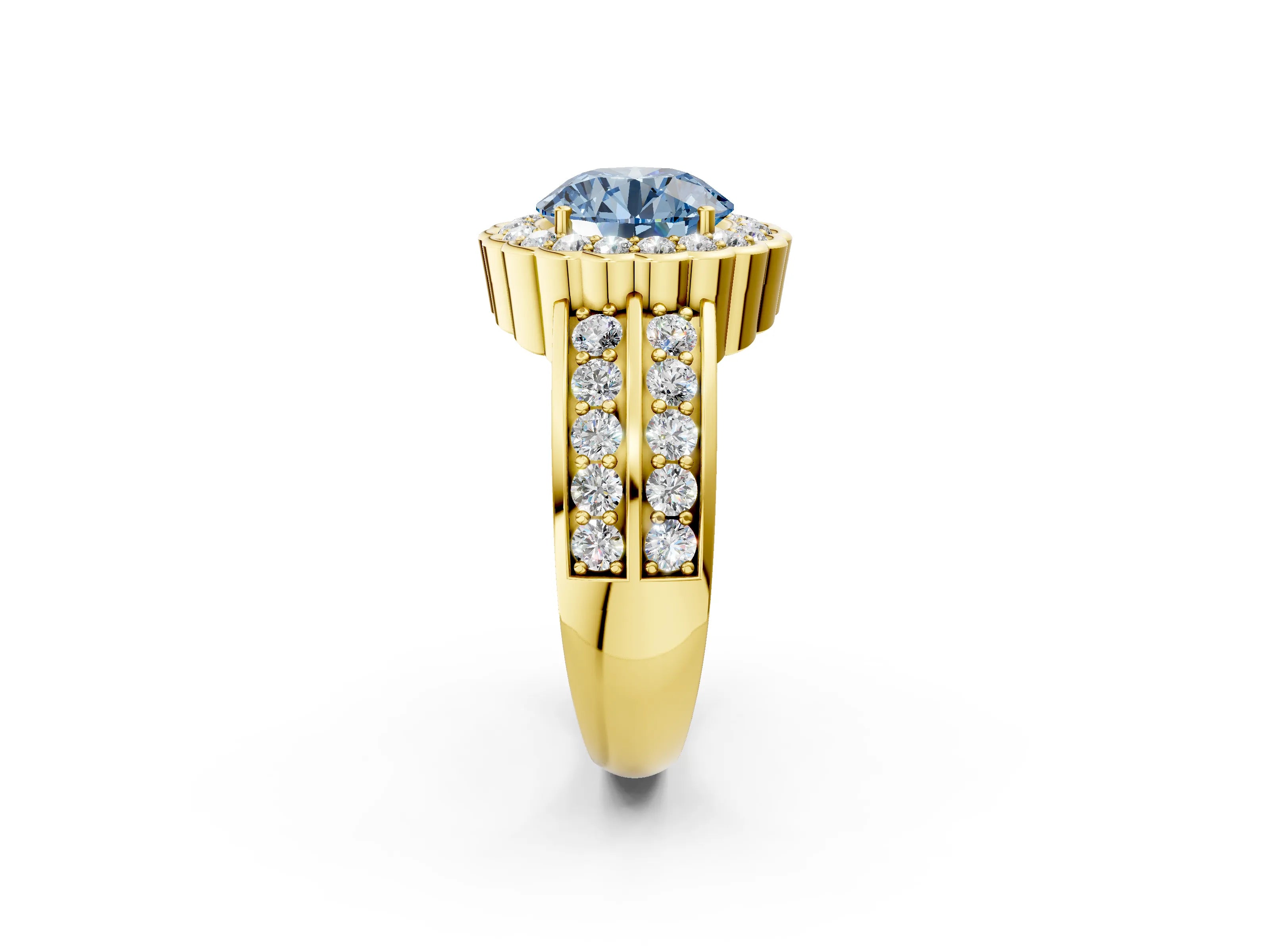 Yellow gold Fancy Blue Round Cut Halo Diamond Split Shank Ring with Scalloped Prong Setting_2