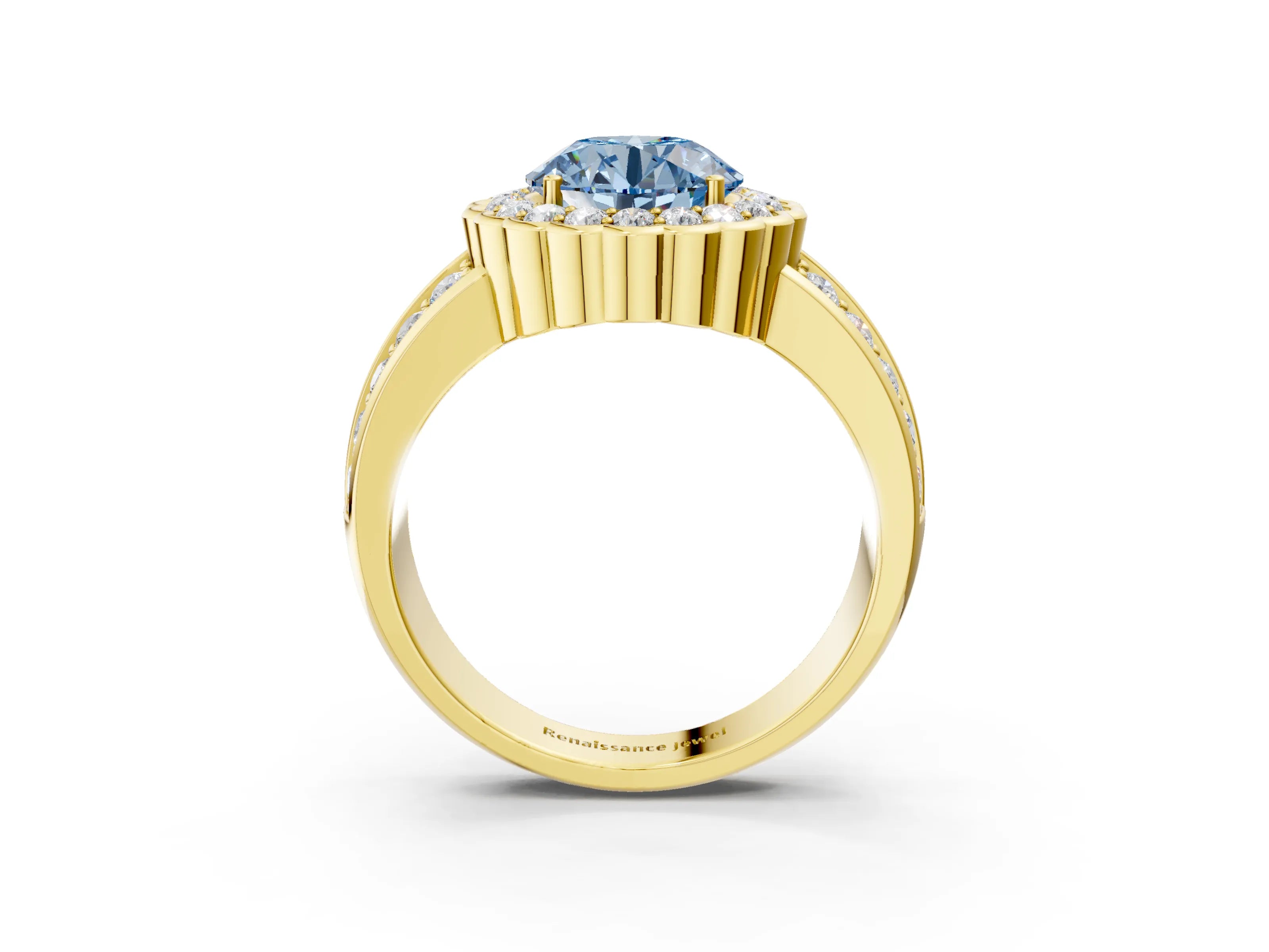 Yellow gold Fancy Blue Round Cut Halo Diamond Split Shank Ring with Scalloped Prong Setting_3