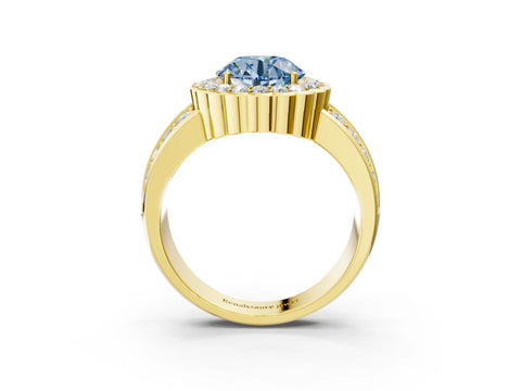 Yellow gold Fancy Blue Round Cut Halo Diamond Split Shank Ring with Scalloped Prong Setting_3