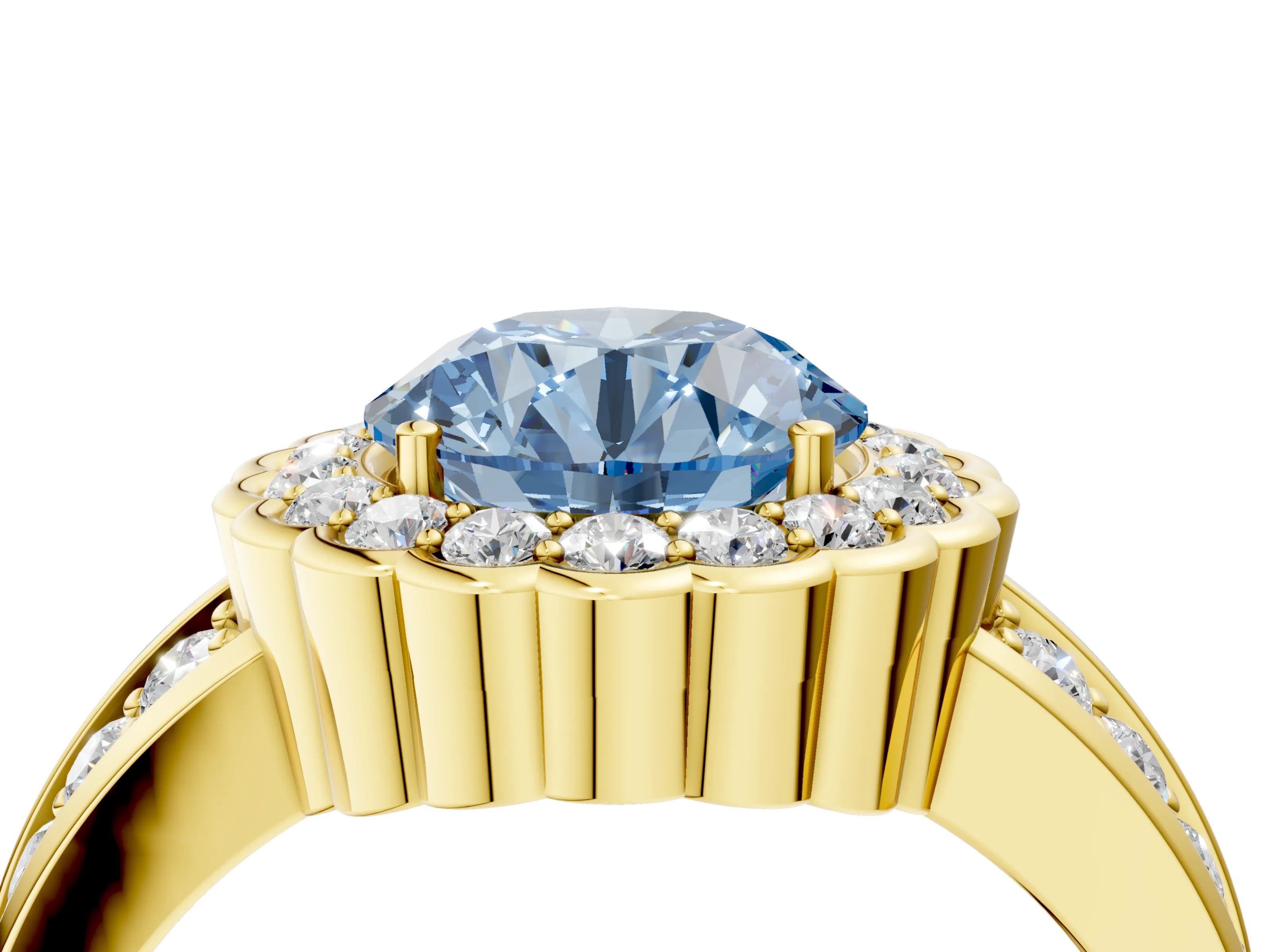 Yellow gold Fancy Blue Round Cut Halo Diamond Split Shank Ring with Scalloped Prong Setting_4