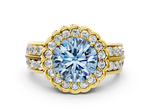 Yellow gold Fancy Blue Round Cut Halo Diamond Split Shank Ring with Scalloped Prong Setting