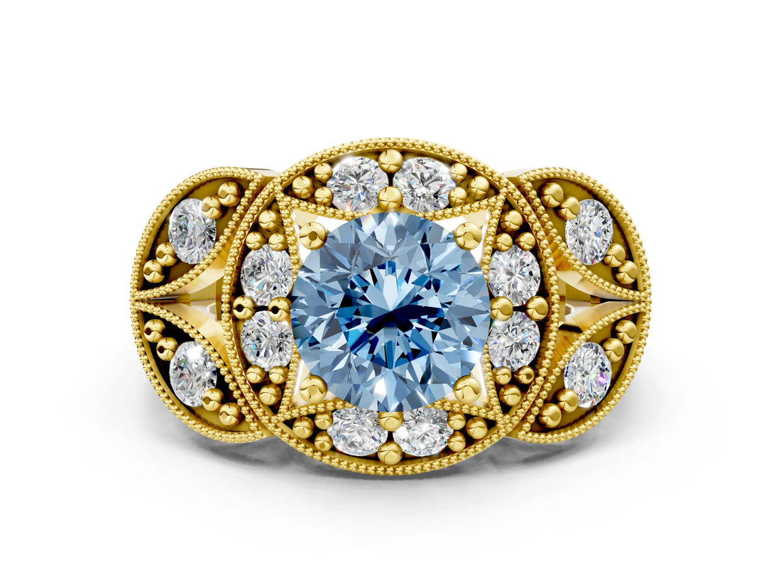 Yellow gold Fancy Blue Round Cut Halo Milgrain Diamond Engagement Ring with Leaf Band and Four-Prong Setting