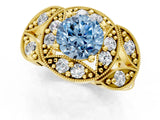 Yellow gold Fancy Blue Round Cut Halo Milgrain Diamond Engagement Ring with Leaf Band and Four-Prong Setting_1