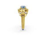 Yellow gold Fancy Blue Round Cut Halo Milgrain Diamond Engagement Ring with Leaf Band and Four-Prong Setting_2