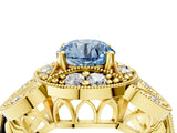 Yellow gold Fancy Blue Round Cut Halo Milgrain Diamond Engagement Ring with Leaf Band and Four-Prong Setting_4