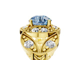 Yellow gold Fancy Blue Round Cut Halo Milgrain Diamond Engagement Ring with Leaf Band and Four-Prong Setting_5