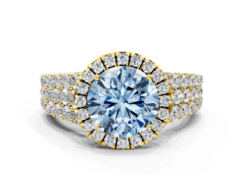 Yellow gold Fancy Blue Round Cut Halo Pavé Diamond Engagement Ring with Split Shank and Four-Prong Setting_3
