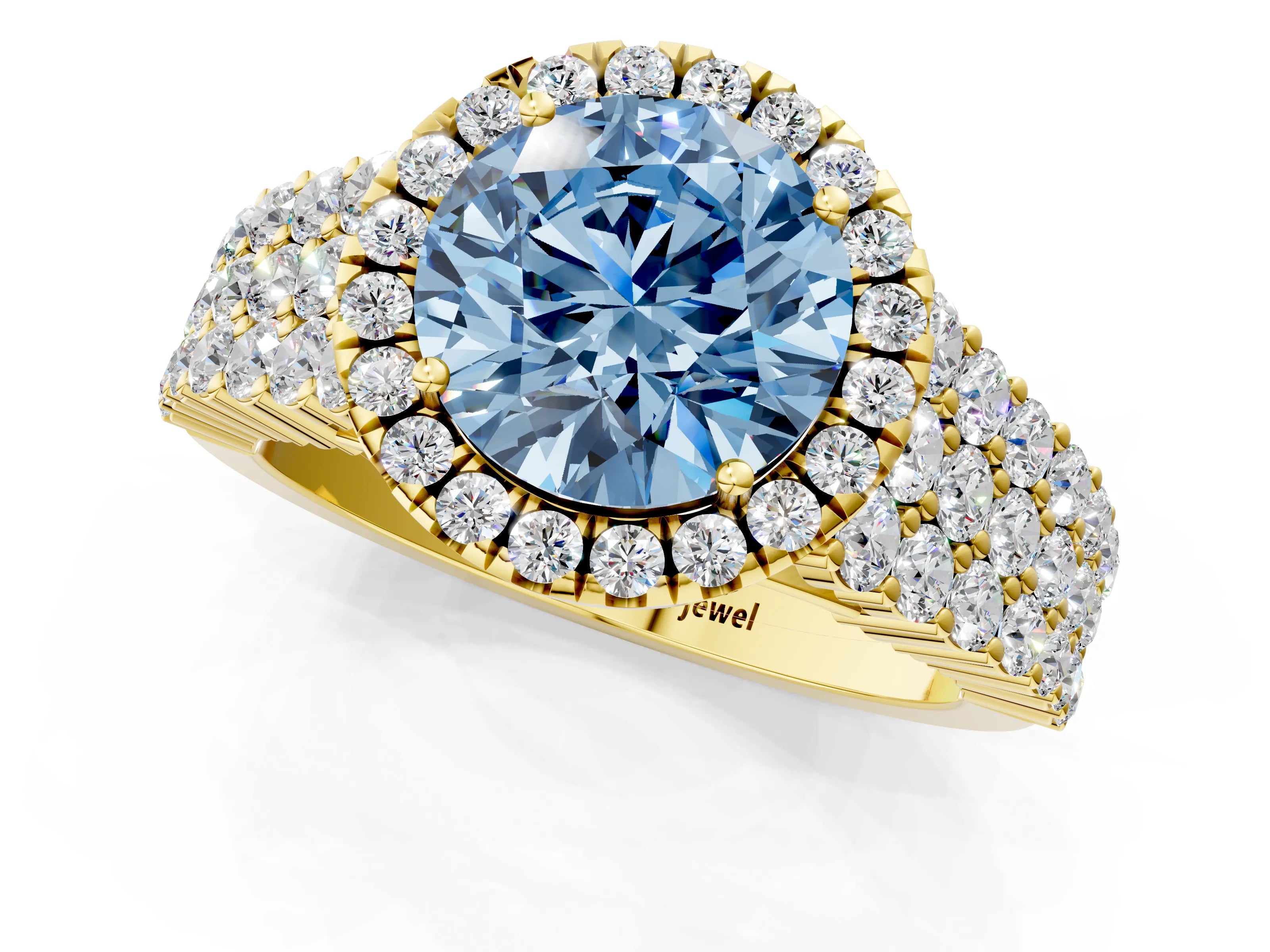 Yellow gold Fancy Blue Round Cut Halo Pavé Diamond Engagement Ring with Split Shank and Four-Prong Setting_4
