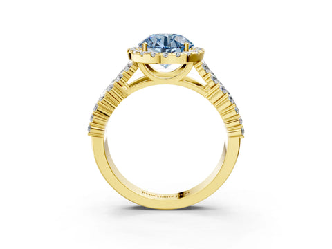 Yellow gold Fancy Blue Round Cut Halo Pavé Diamond Engagement Ring with Split Shank and Four-Prong Setting_6
