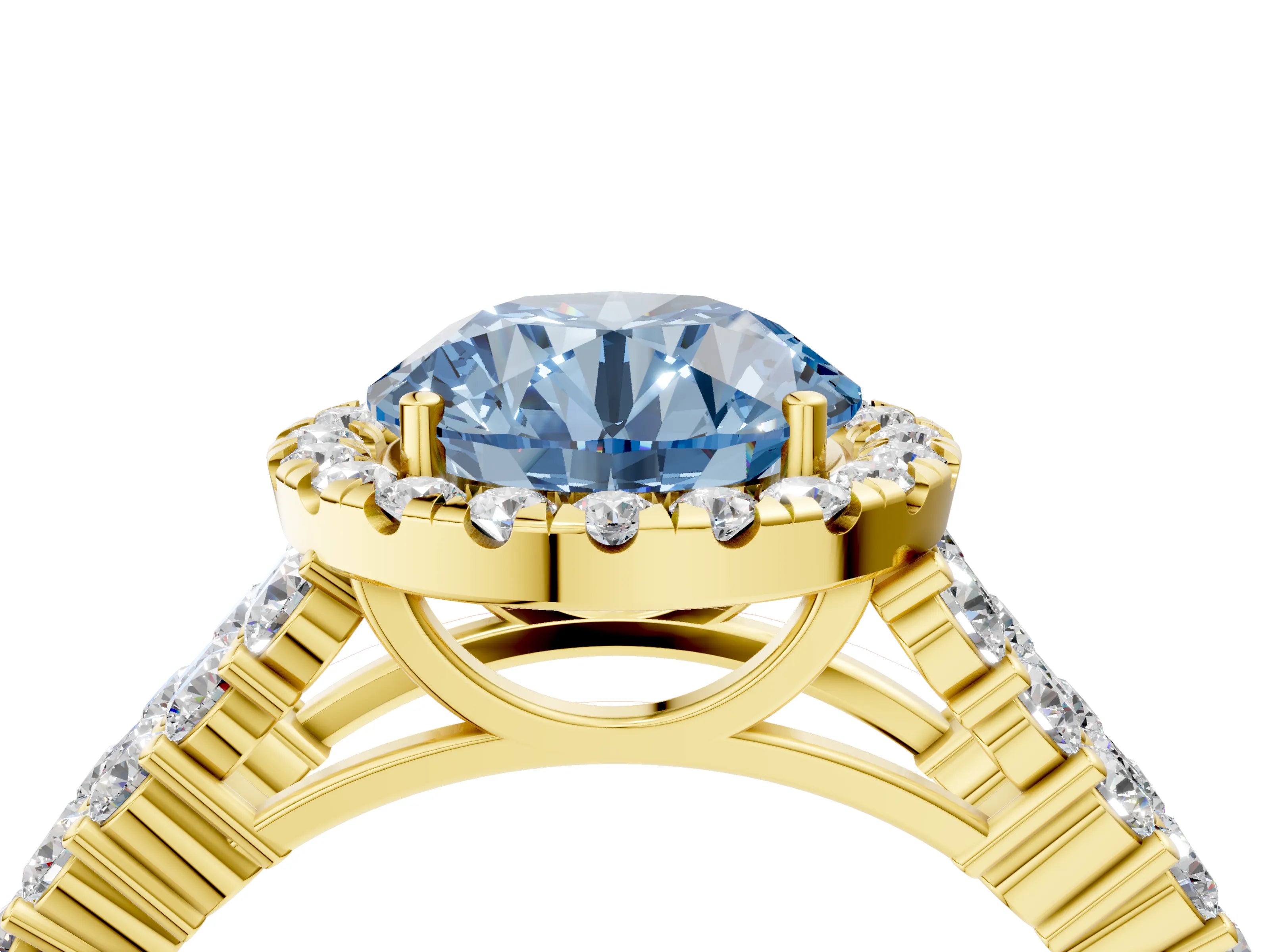 Yellow gold Fancy Blue Round Cut Halo Pavé Diamond Engagement Ring with Split Shank and Four-Prong Setting_7