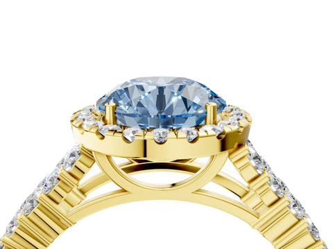 Yellow gold Fancy Blue Round Cut Halo Pavé Diamond Engagement Ring with Split Shank and Four-Prong Setting_7
