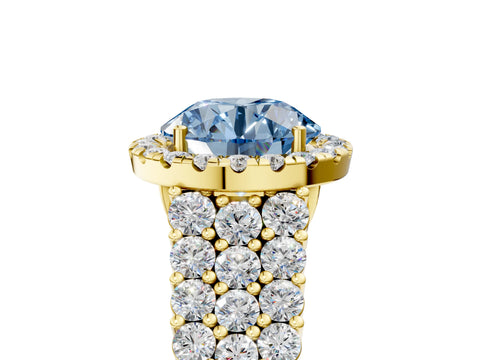 Yellow gold Fancy Blue Round Cut Halo Pavé Diamond Engagement Ring with Split Shank and Four-Prong Setting_8