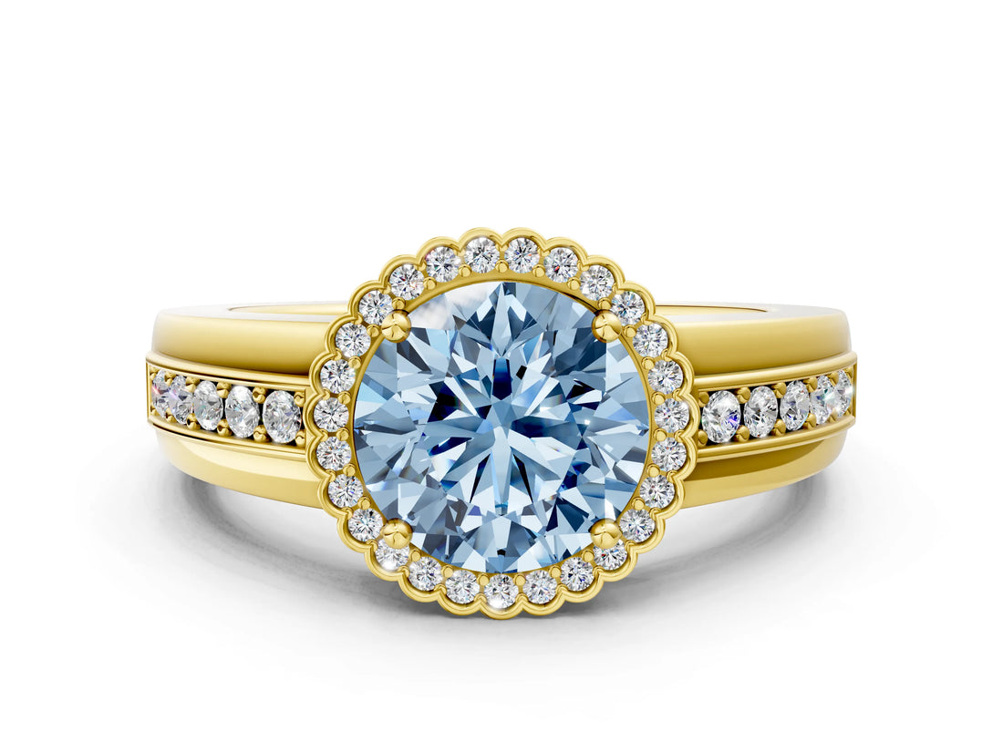 Yellow gold Fancy Blue Round  Cut Halo Pave Band Four-Prong Ring_50