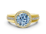 Yellow gold Fancy Blue Round  Cut Halo Pave Band Four-Prong Ring_50