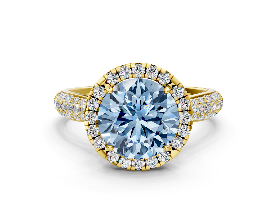 Yellow gold Fancy Blue Round  Cut Halo Pave Band Four-Prong Setting Ring_37