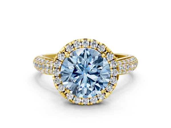 Yellow gold Fancy Blue Round  Cut Halo Pave Band Four-Prong Setting Ring