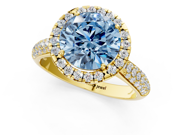 Yellow gold Fancy Blue Round  Cut Halo Pave Band Four-Prong Setting Ring