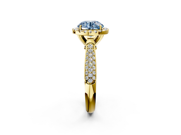 Yellow gold Fancy Blue Round  Cut Halo Pave Band Four-Prong Setting Ring