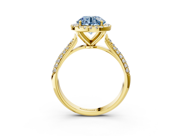 Yellow gold Fancy Blue Round  Cut Halo Pave Band Four-Prong Setting Ring