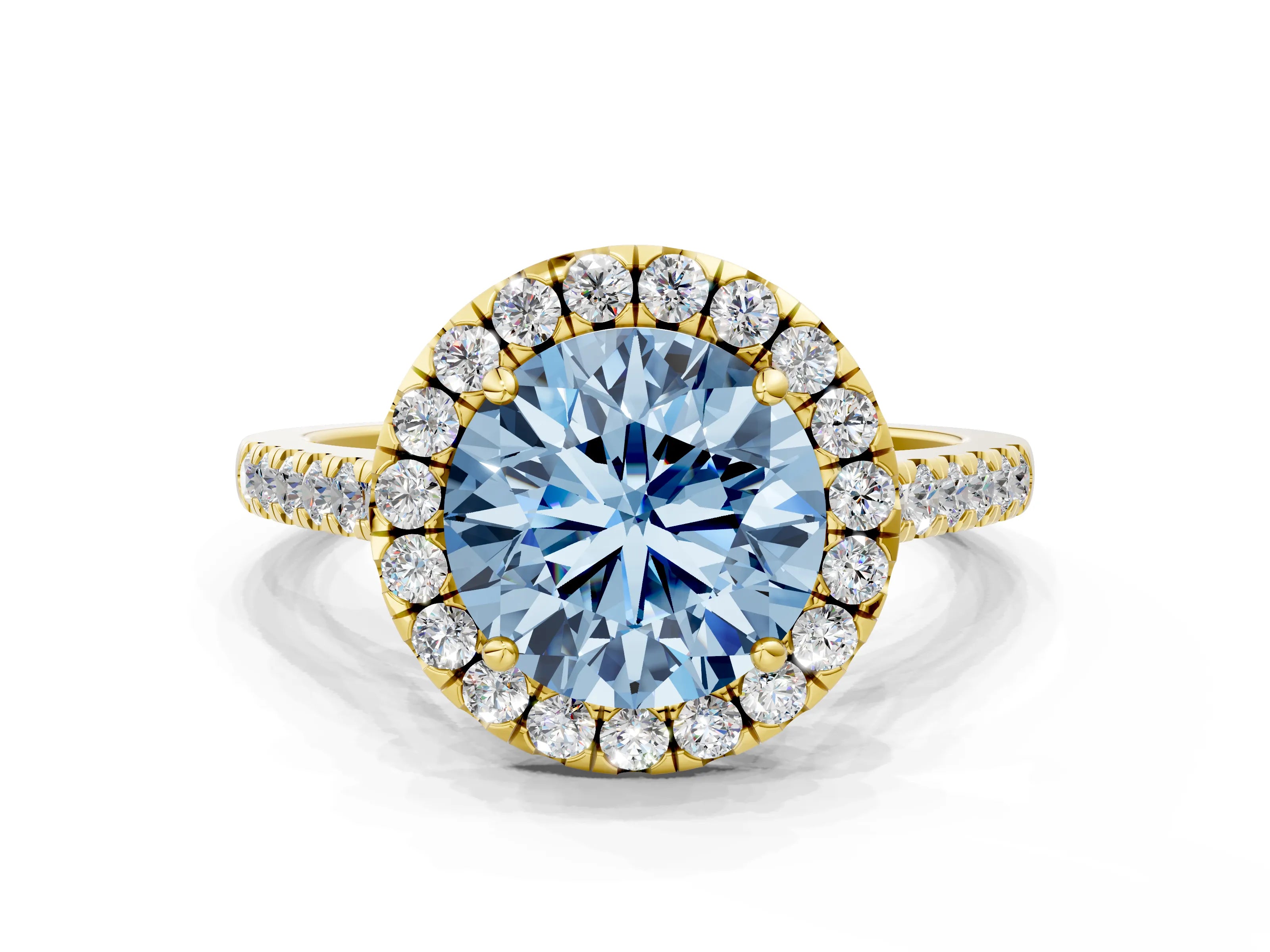 Yellow gold Fancy Blue Round Cut Halo Pave Diamond Engagement Ring with Four-Prong Setting