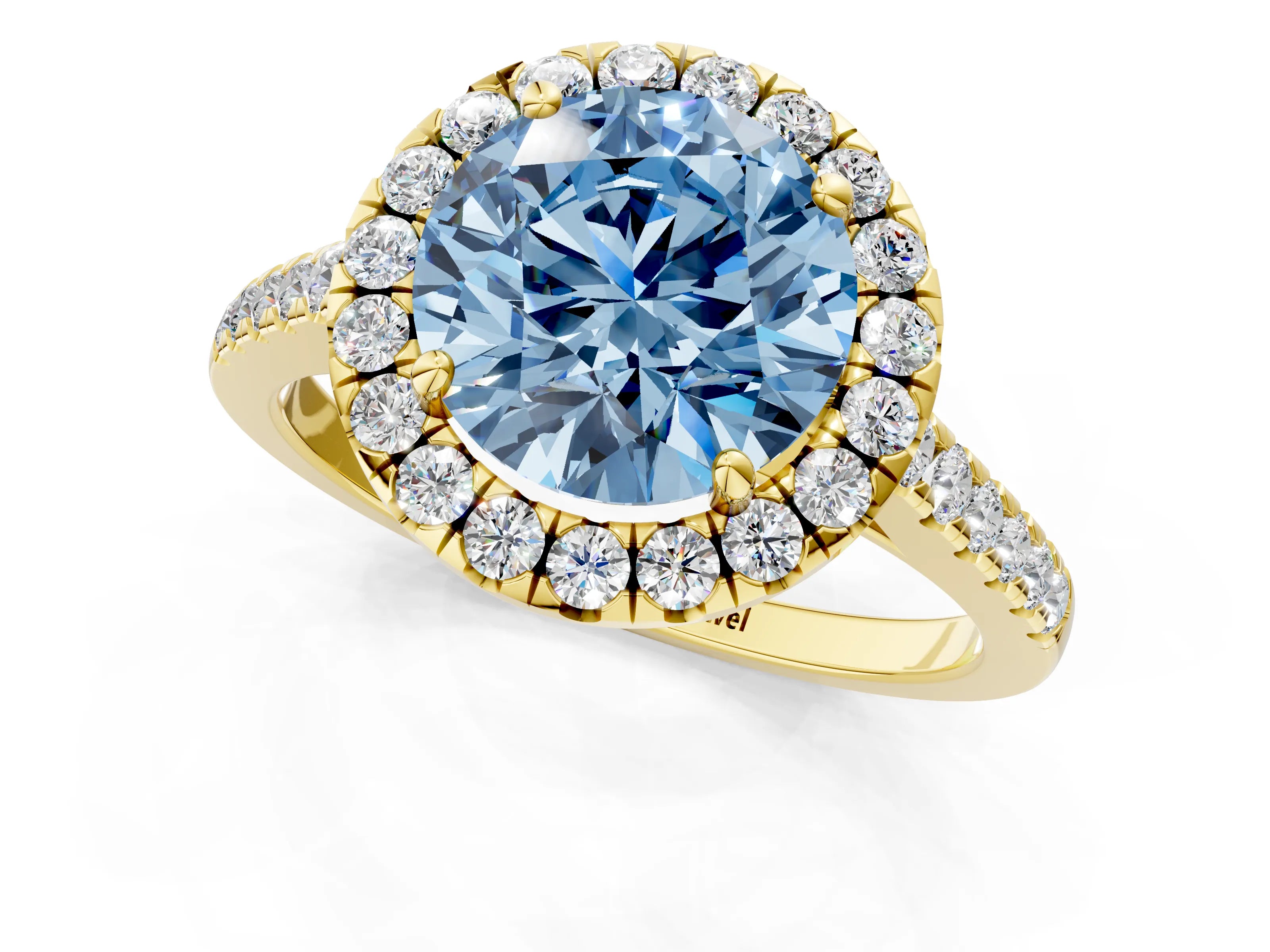 Yellow gold Fancy Blue Round Cut Halo Pave Diamond Engagement Ring with Four-Prong Setting_1
