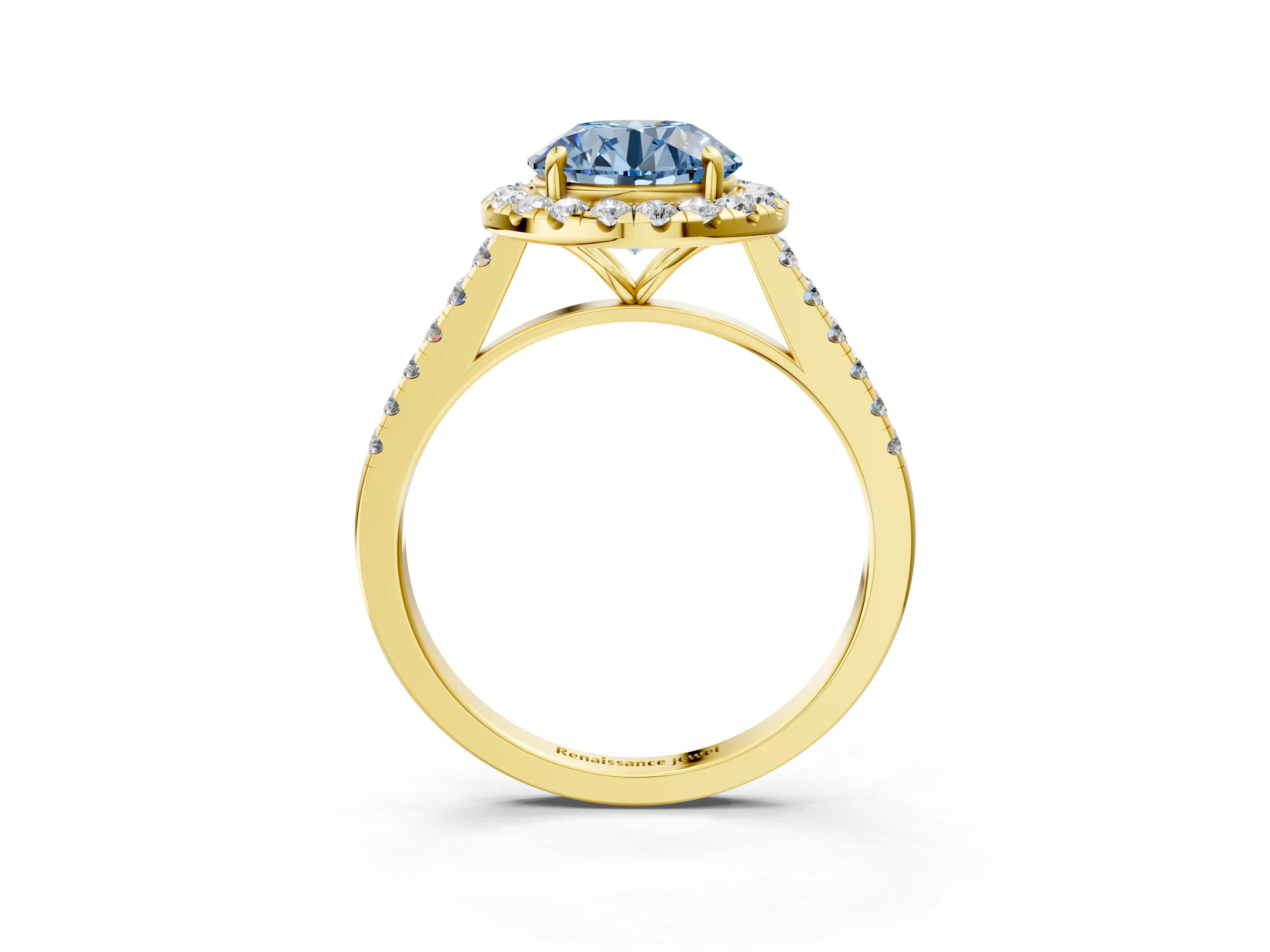 Yellow gold Fancy Blue Round Cut Halo Pave Diamond Engagement Ring with Four-Prong Setting_3