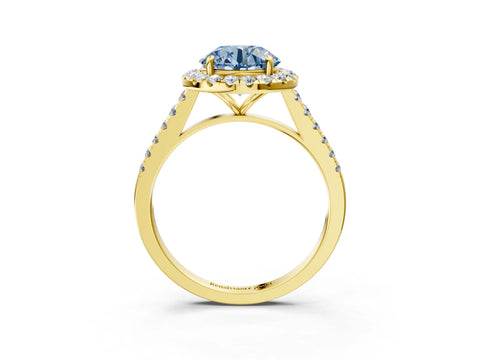 Yellow gold Fancy Blue Round Cut Halo Pave Diamond Engagement Ring with Four-Prong Setting_3