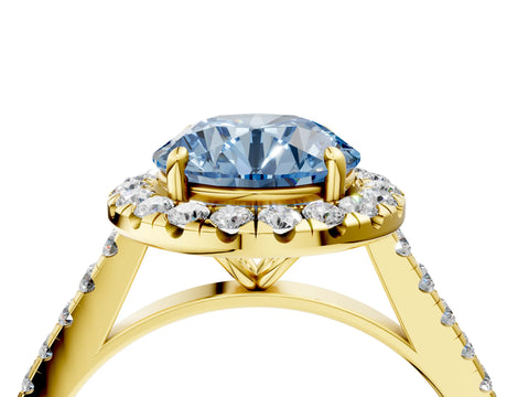 Yellow gold Fancy Blue Round Cut Halo Pave Diamond Engagement Ring with Four-Prong Setting_4