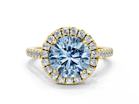 Yellow gold Fancy Blue Round Cut Halo Pave Diamond Engagement Ring with Four-Prong Setting