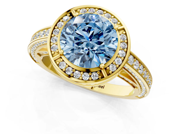 Yellow gold Fancy Blue Round  Cut Halo Pave Split Shank Prong Setting Ring