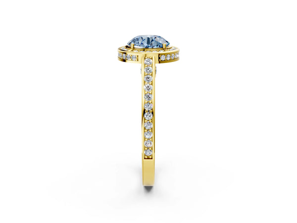 Yellow gold Fancy Blue Round  Cut Halo Pave Split Shank Prong Setting Ring
