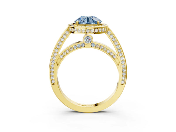 Yellow gold Fancy Blue Round  Cut Halo Pave Split Shank Prong Setting Ring