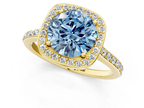 Yellow gold Fancy Blue Round Cut Halo Round Diamond Pavé Band with Four-Prong Setting_4