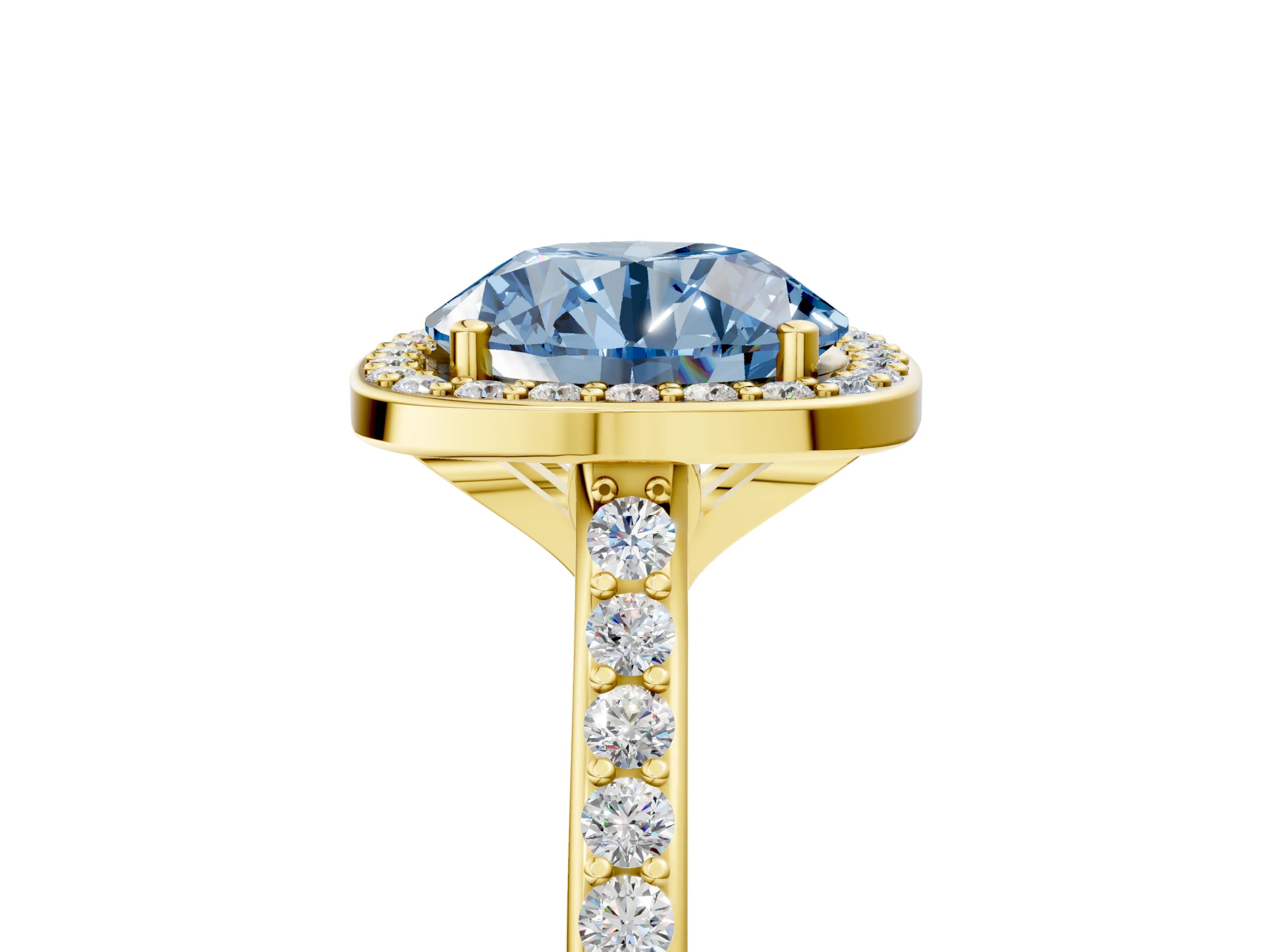 Yellow gold Fancy Blue Round Cut Halo Round Diamond Pavé Band with Four-Prong Setting_8