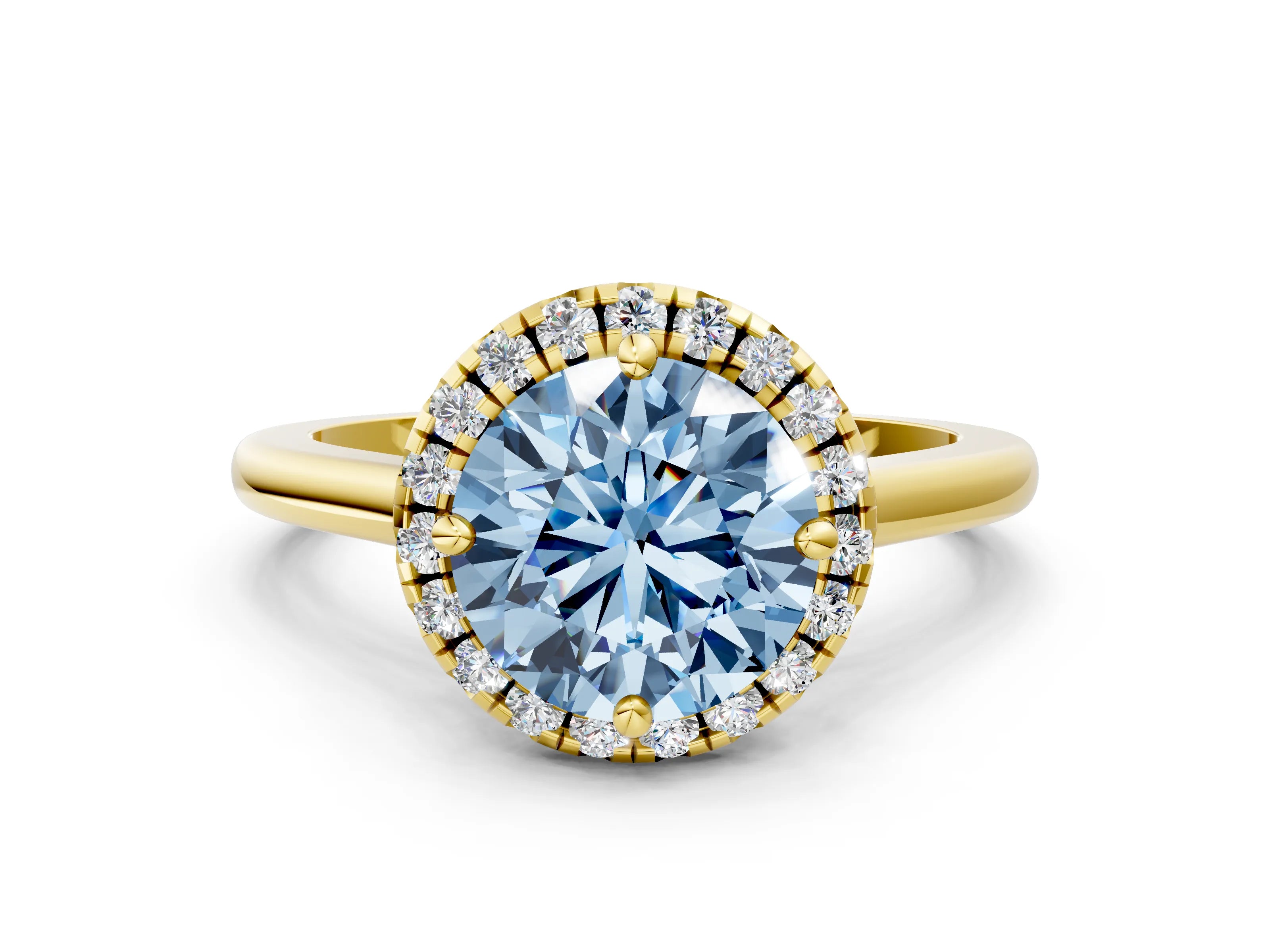 Yellow gold Fancy Blue Round Cut Halo Round Diamond Solitaire Engagement Ring with Pave Band and Four-Prong Setting_12