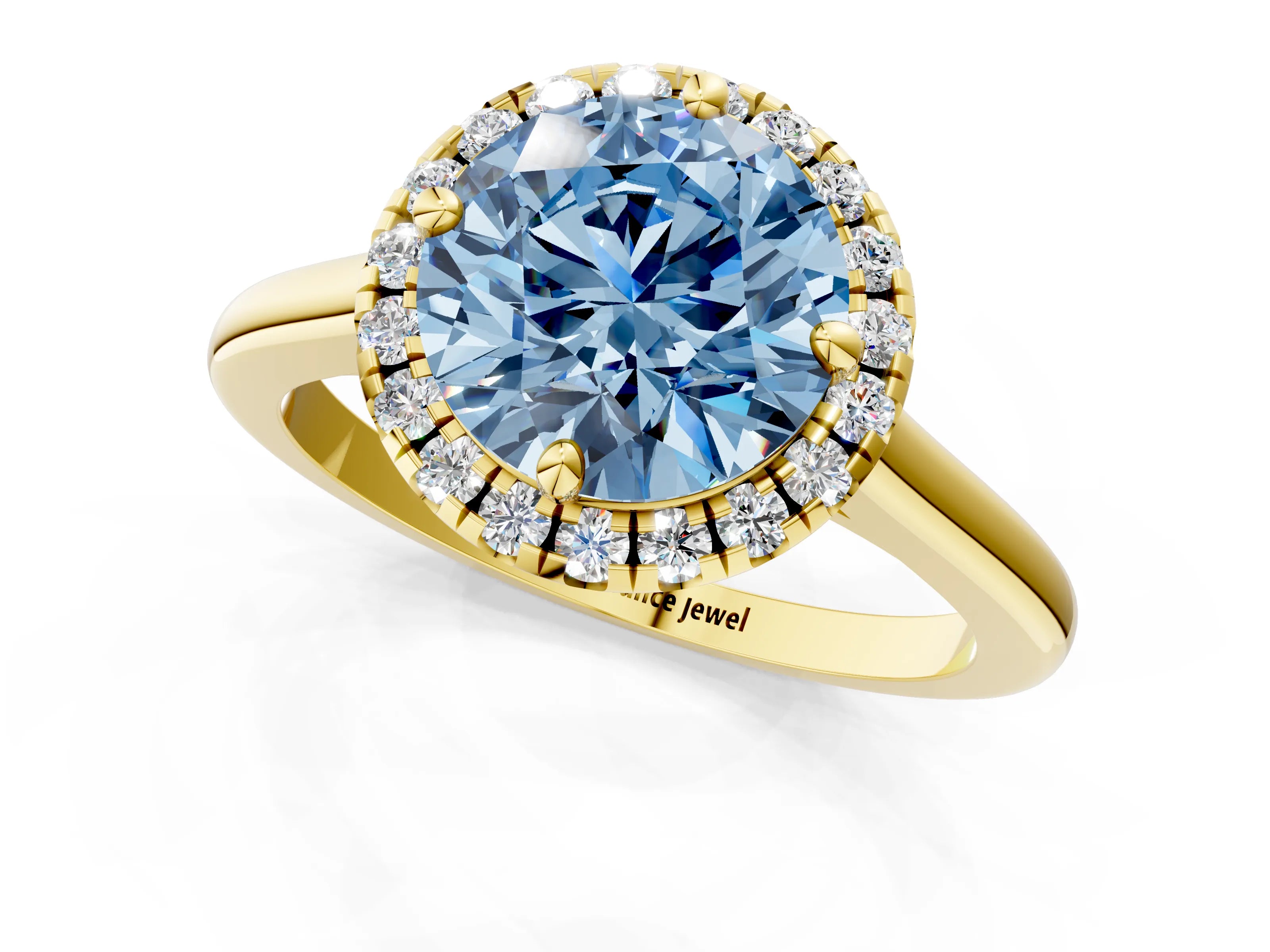 Yellow gold Fancy Blue Round Cut Halo Round Diamond Solitaire Engagement Ring with Pave Band and Four-Prong Setting_13